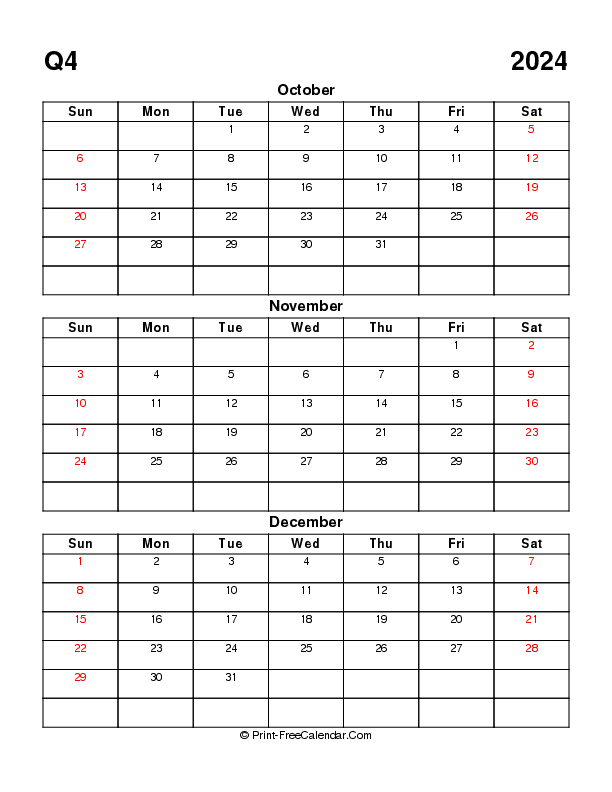 blank quarterly calendar q4 2024 october november december sunday start