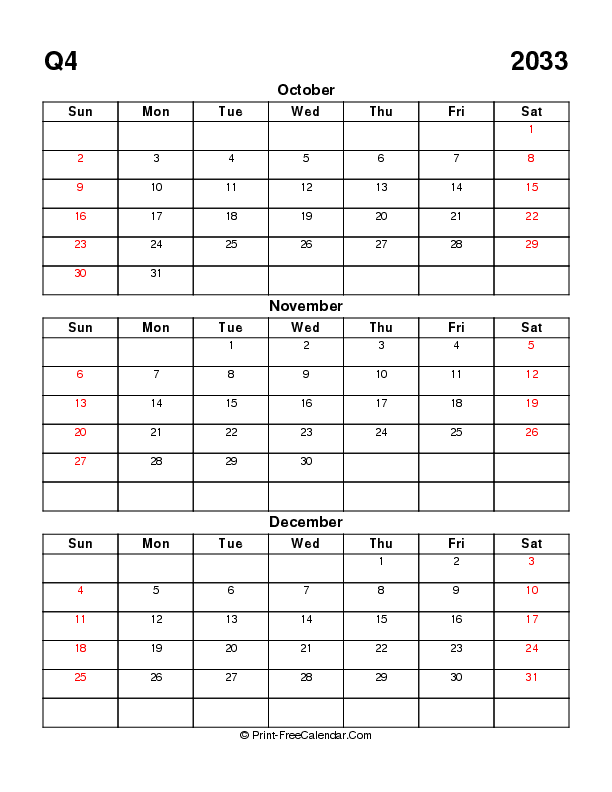 blank quarterly calendar q4 2033 october november december sunday start