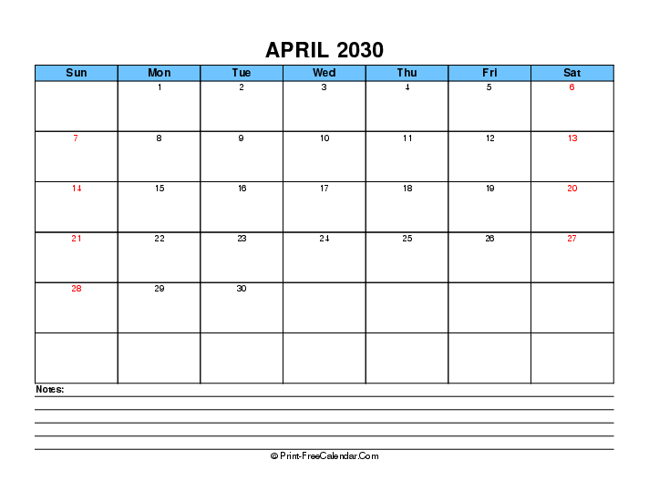 april 2030 editable calendar