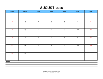 blue august 2026 editable calendar, weeks start on sunday, landscape