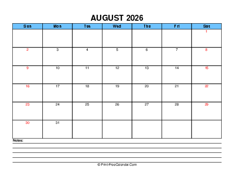 august 2026 editable calendar, weeks start on sunday, landscape