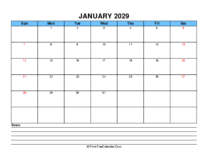 january 2029 editable calendar