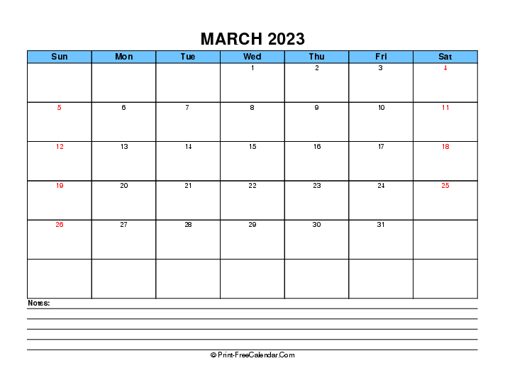 blue march 2023 editable calendar sunday start landscape