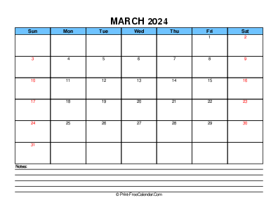 blue march 2024 editable calendar, weeks start on sunday, landscape