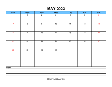 blue may 2023 editable calendar, weeks start on sunday, landscape