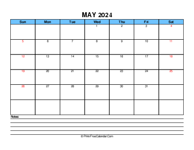 blue may 2024 editable calendar, weeks start on sunday, landscape
