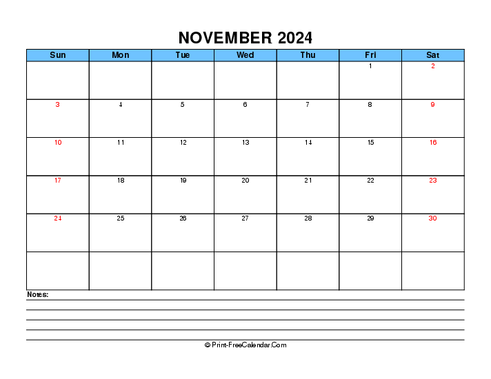 Blue November 2024 Editable Calendar Sunday Start, Landscape Layout