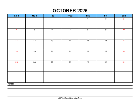 october 2026 editable calendar, weeks start on sunday, landscape