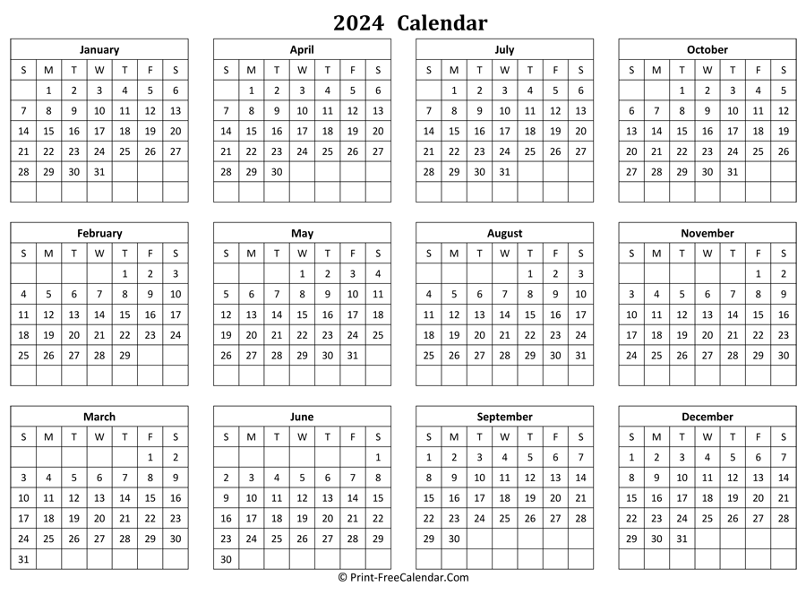 Calendar Yearly 2024 (Landscape Layout)