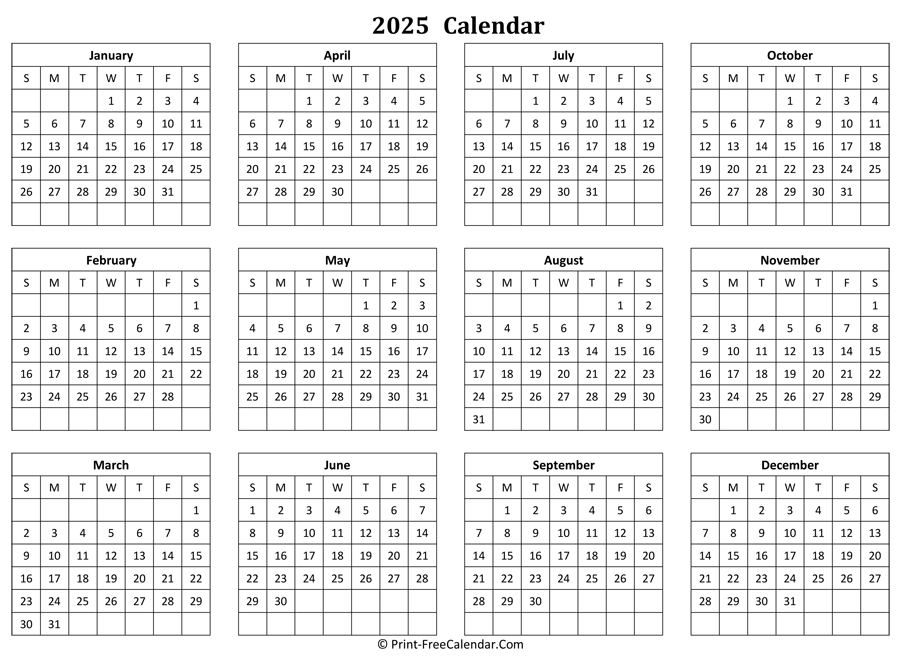 Calendar Yearly 2025 (Landscape Layout)