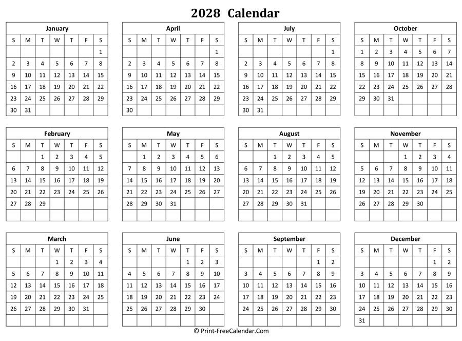 Calendar Yearly 2028 Landscape Layout 