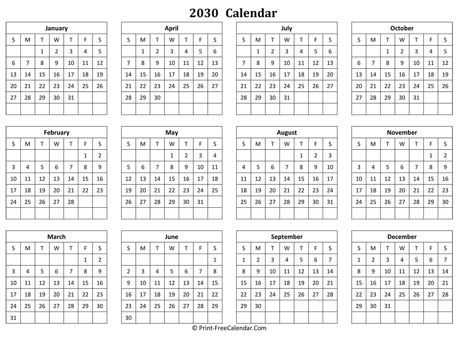 Calendar Yearly 2030 (Landscape Layout)