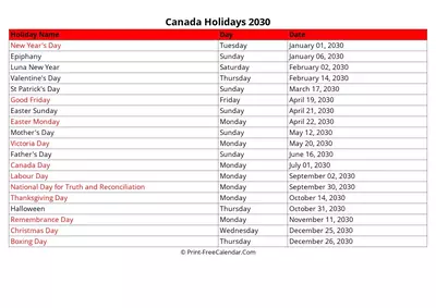 canada holidays 2030