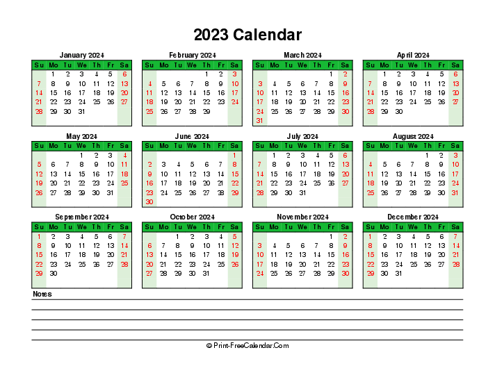 colorful 2023 calendar bottom notes sunday start landscape