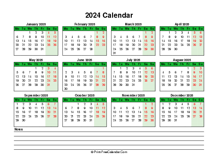 colorful 2024 calendar bottom notes landscape monday start