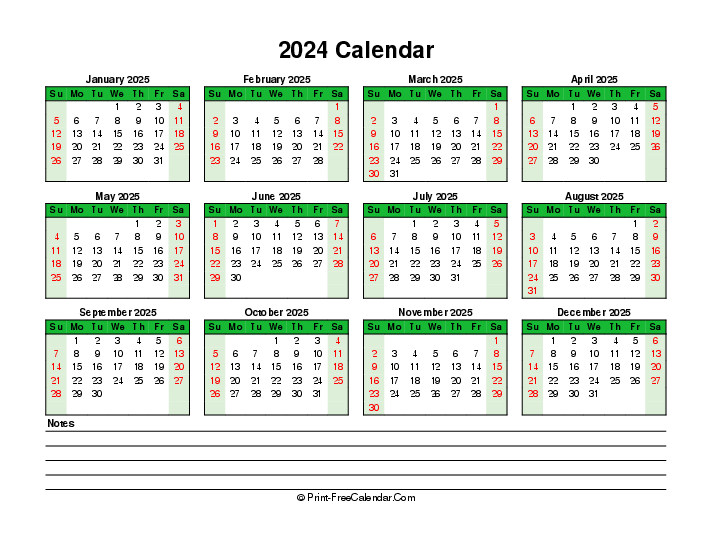 colorful 2024 calendar bottom notes sunday start landscape