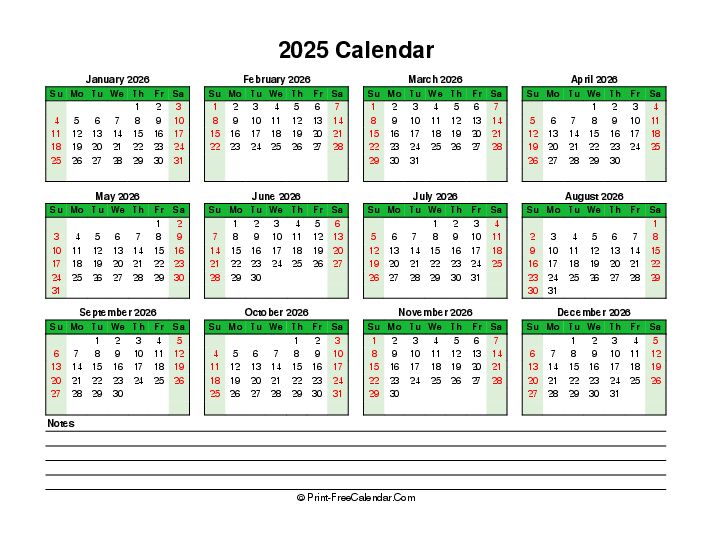 colorful 2025 calendar bottom notes sunday start landscape