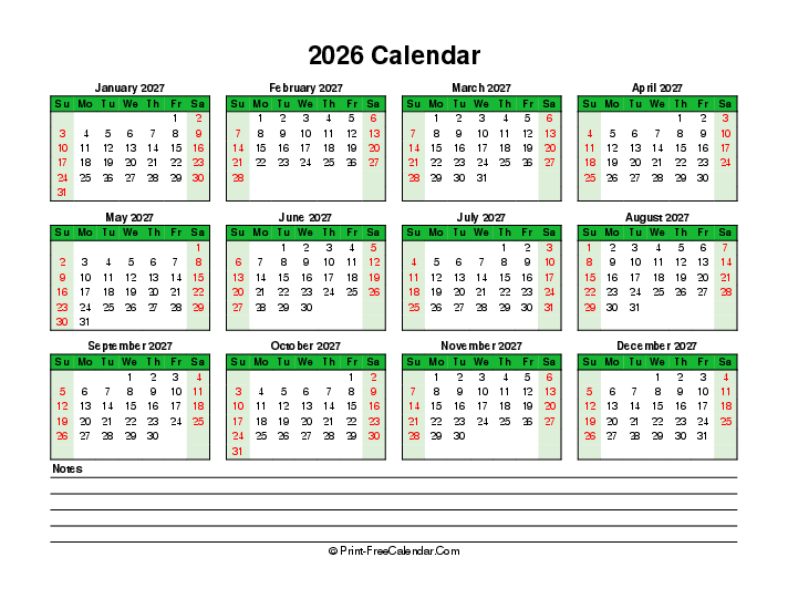 colorful 2026 calendar bottom notes sunday start landscape
