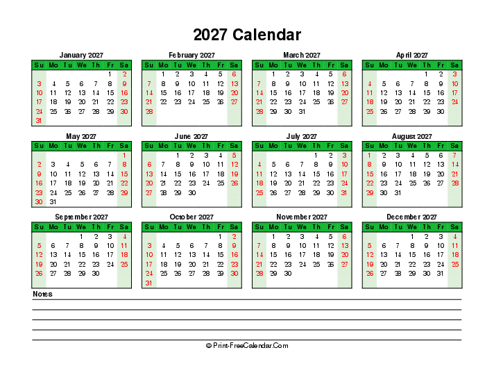 colorful 2027 calendar bottom notes sunday start landscape