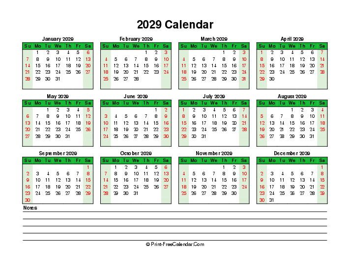 colorful 2029 calendar bottom notes sunday start landscape