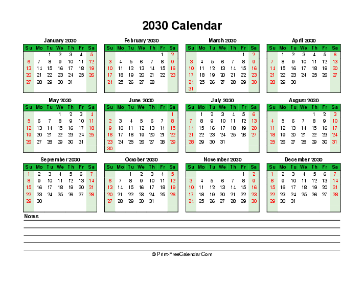 colorful 2030 calendar bottom notes sunday start landscape
