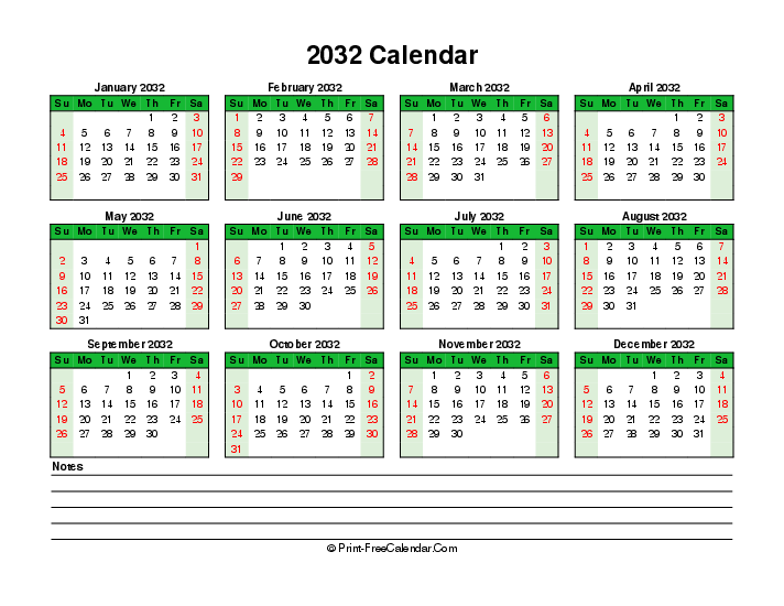 colorful 2032 calendar bottom notes sunday start landscape