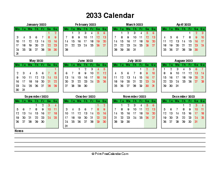 colorful 2033 calendar bottom notes landscape monday start