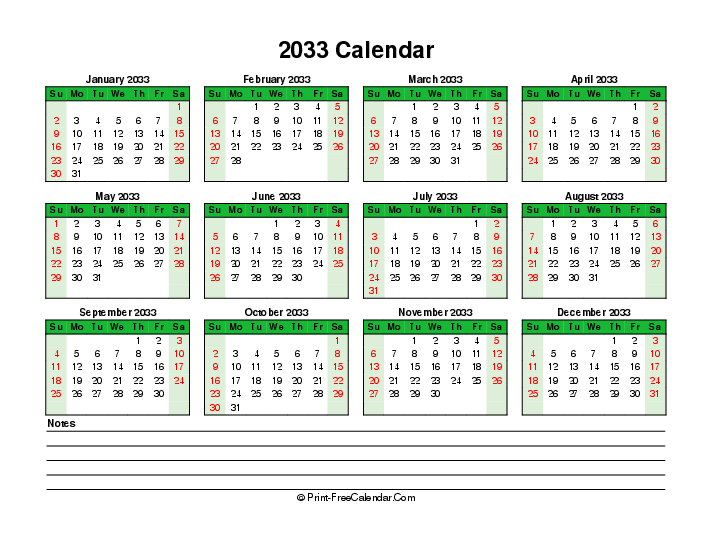 colorful 2033 calendar bottom notes sunday start landscape