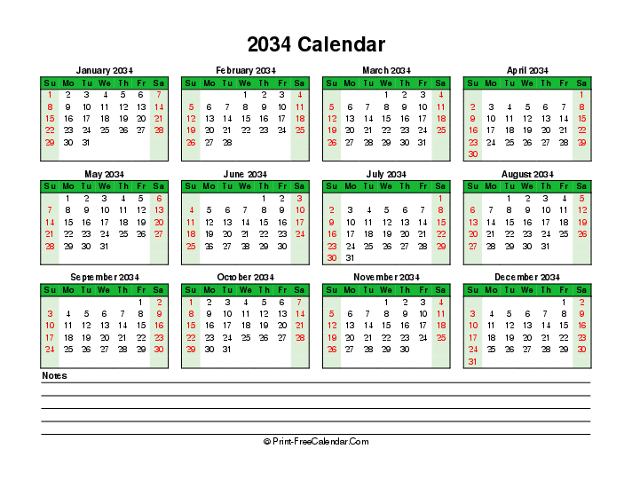 colorful 2034 calendar bottom notes sunday start landscape