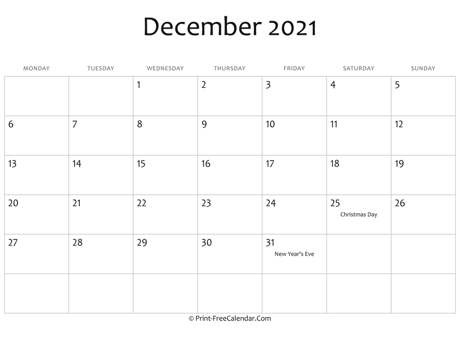 December 2021 Editable Calendar with Holidays
