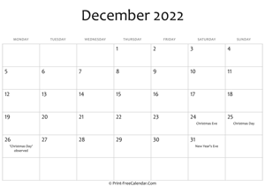 december 2022 editable calendar with holidays