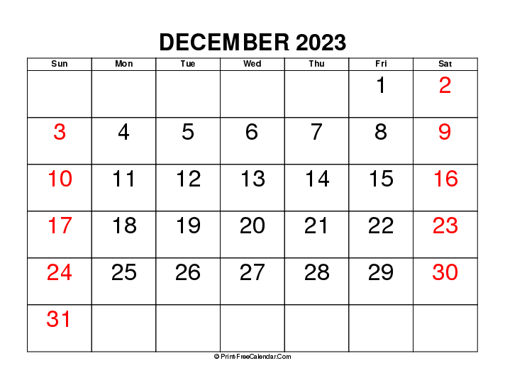 December 2023 Calendar Large Font Sunday Start, Landscape Layout