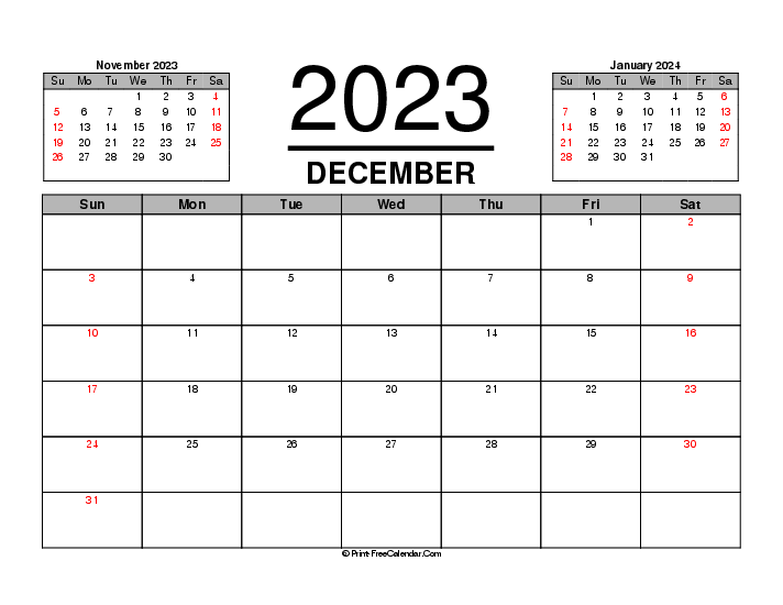 december 2023 calendar previous next month sunday start landscape