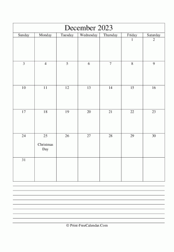 december 2023 calendar printable with notes vertical layout
