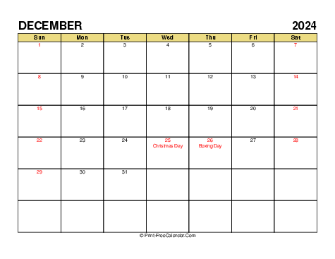 December 2024 UK Calendars