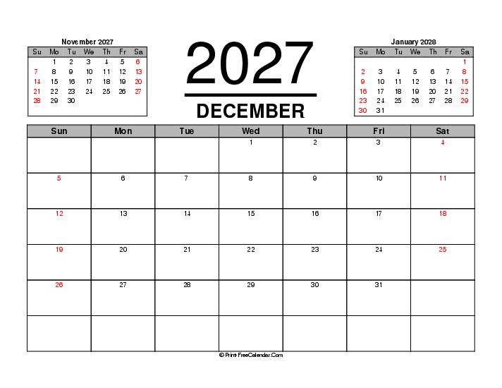 december 2027 calendar previous next month sunday start landscape
