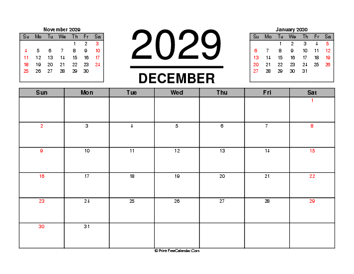 december 2029 calendar previous next month sunday start landscape