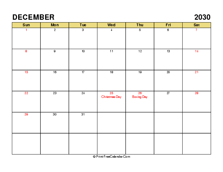 december 2030 calendar with uk-bank holidays, week start on sunday, Landscape orientation