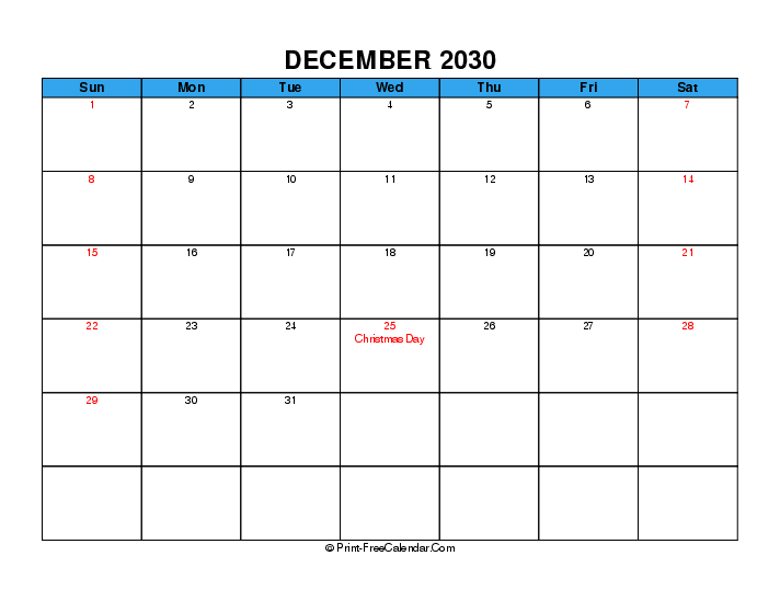 december 2030 calendar with usa holidays, week start on sunday, Landscape orientation