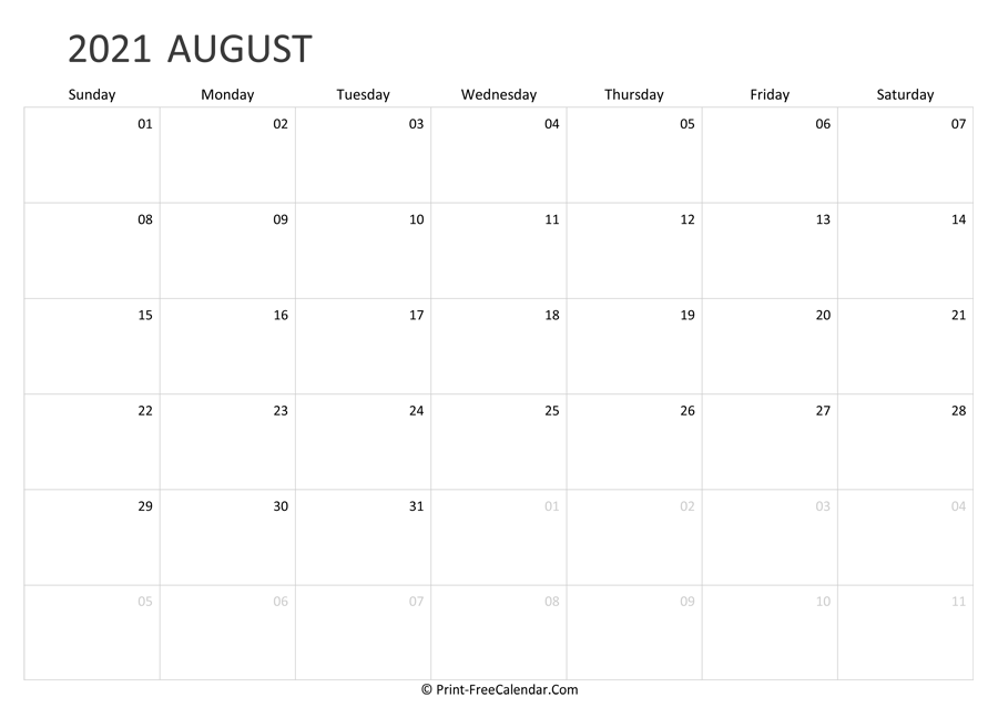 Editable August Calendar 2021 (landscape layout)
