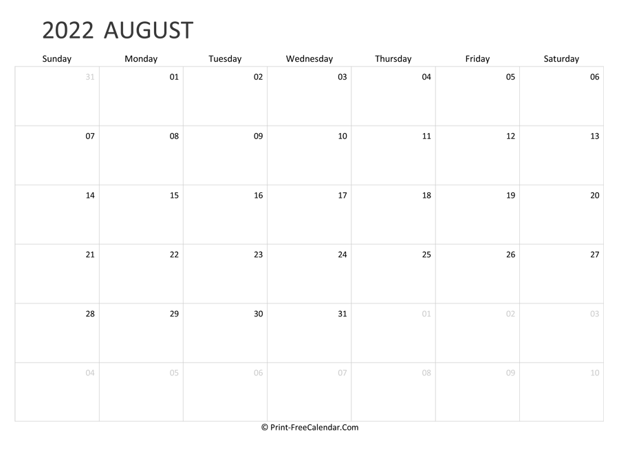 Editable August Calendar 2022 (landscape layout)