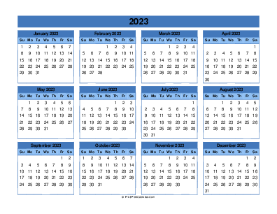 editable calendar 2023, weeks start on sunday, landscape