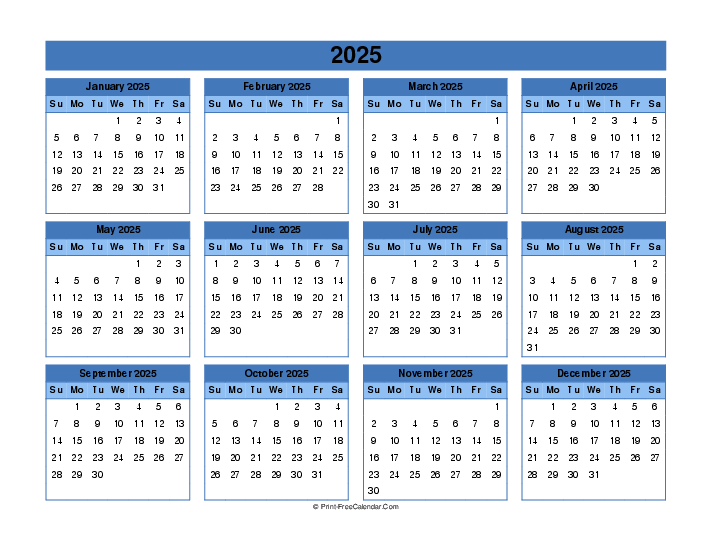 2025 Calendar (PDF, Word, Excel) Weeks start on Sunday