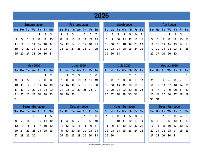 editable calendar 2026 sunday start landscape