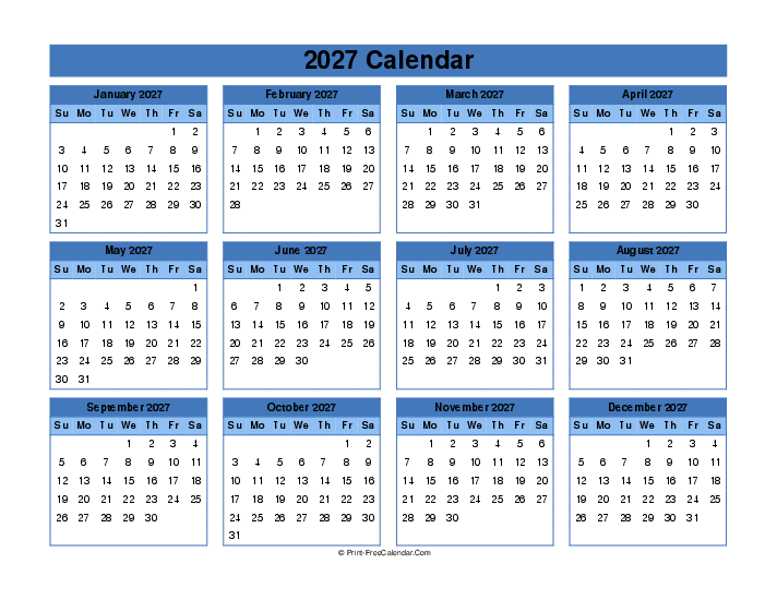 editable calendar 2027 sunday start landscape