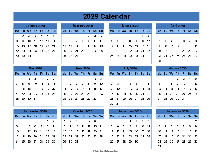 Editable Calendar 2029, Landscape Layout Monday Start