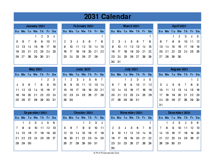 editable calendar 2031 sunday start landscape
