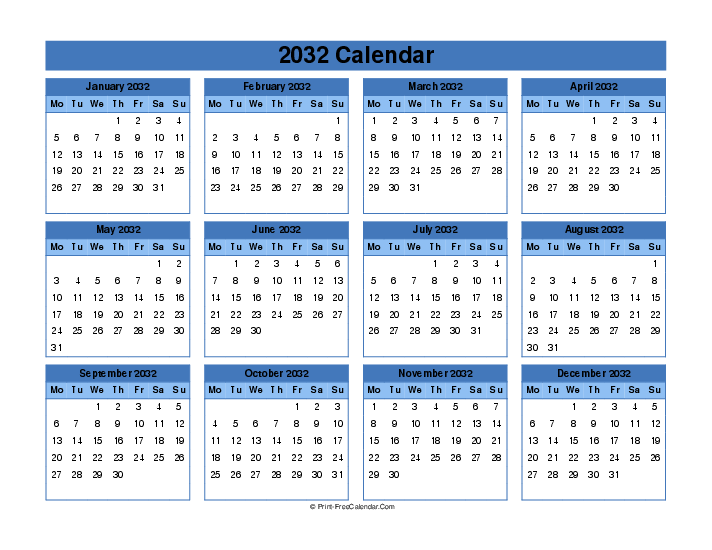 Editable Calendar 2032, Landscape Layout Monday Start