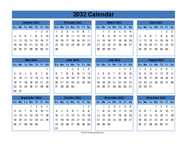 editable calendar 2032 sunday start landscape
