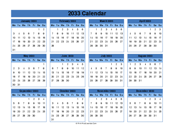 Editable Calendar 2033, Landscape Layout Monday Start